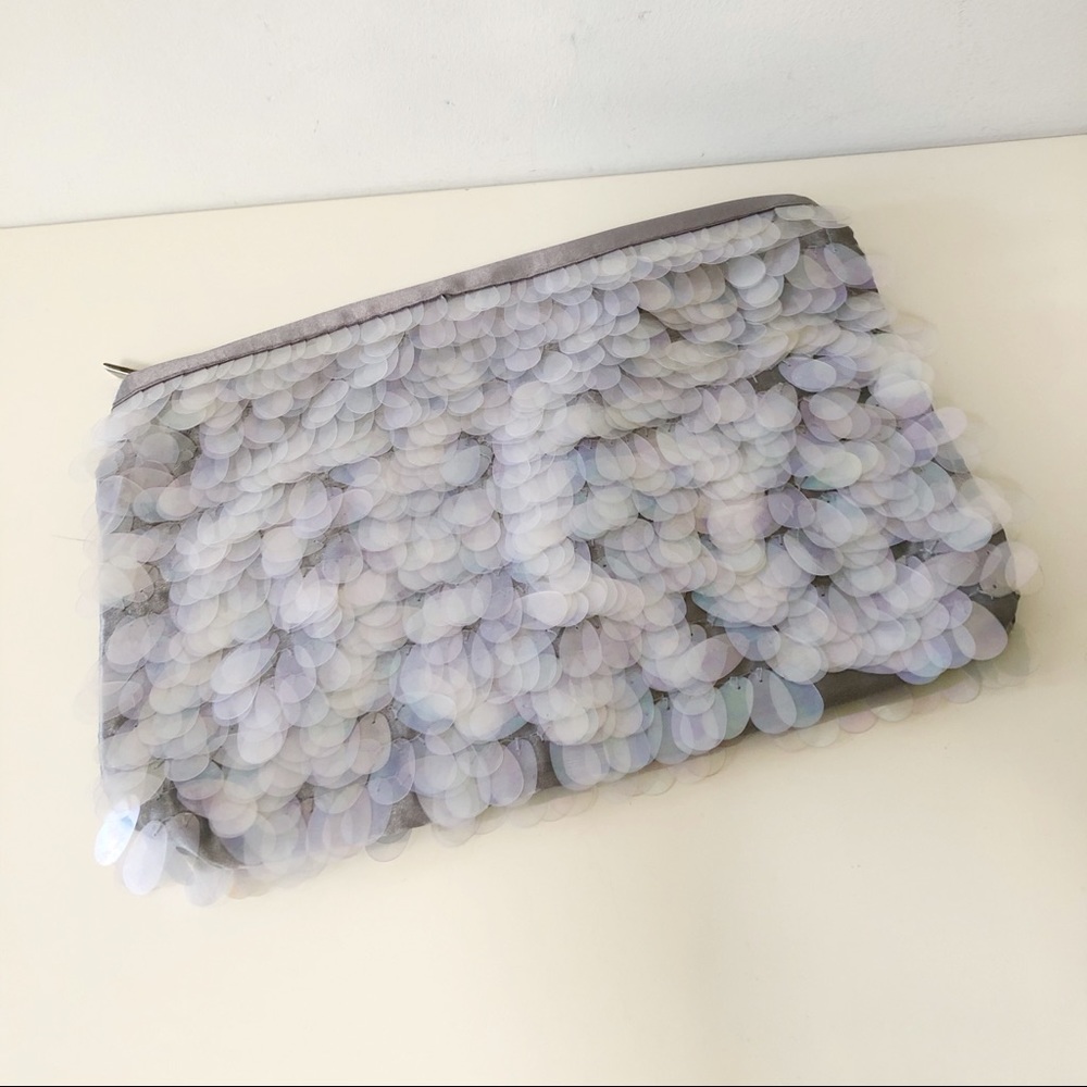 Zara sequin clutch pouch purse iridescent large sequins light blue opal colour